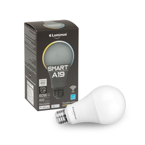 Ampoule à DEL à intensité variable intelligente Wifi Luminus A19 éq. 60W 2200K à 6500K E26, 4/pqt