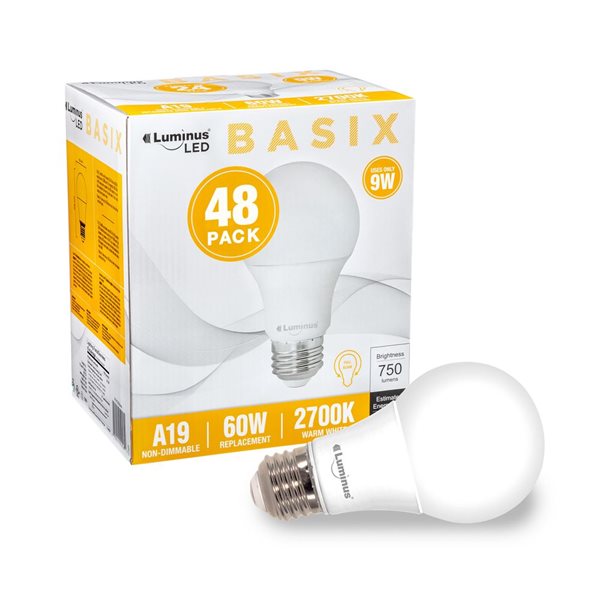 Luminus 60W Equivalent Warm White 2700K E26 A19 LED Non-Dimmable Bulb - 48/Pack