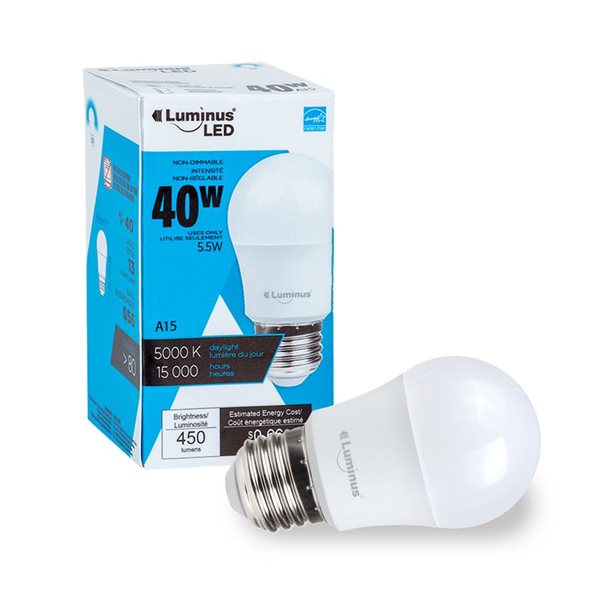 Ampoule DEL non-réglable Luminus éq. 40W E26 A15 5000K lumière du jour, 12/pqt