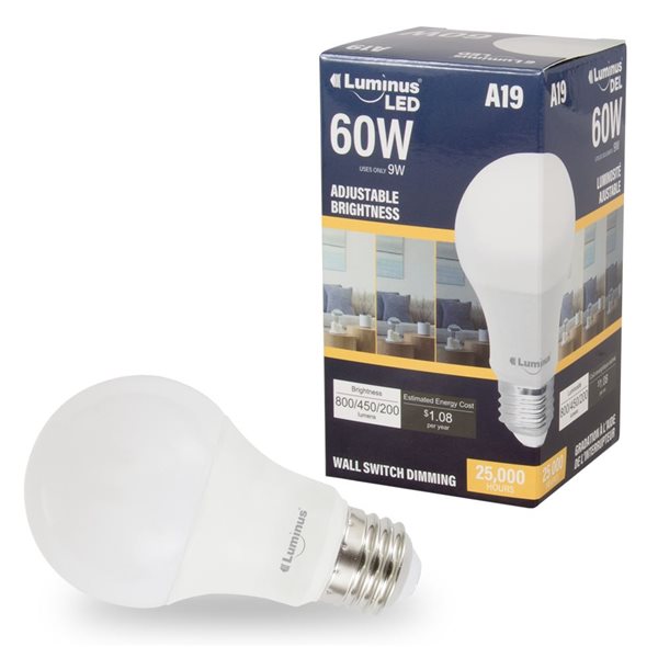  Ampoule à DEL Luminus A19 éq. 60W réglable 3000K blanc brillant E26, 6/pqt