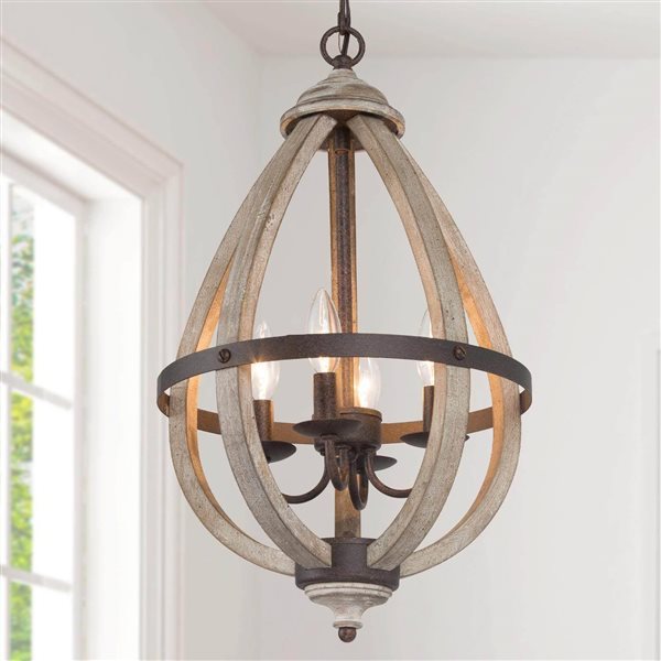 LNC Quaint 4-Light Rusty Bronze and Distressed Wood Farmhouse Cage Chandelier