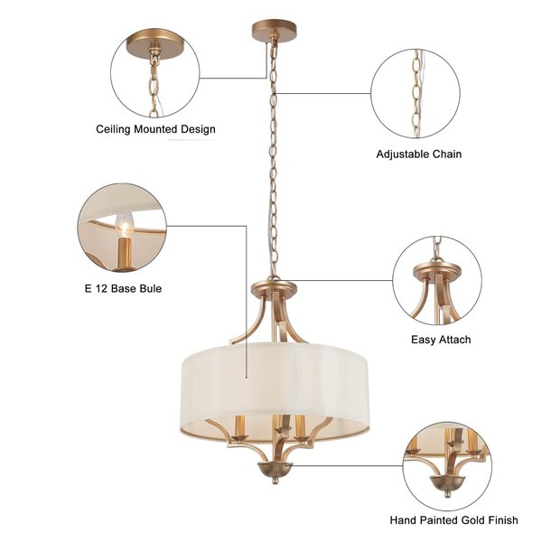 LNC Trend 3-Light Drum Shade Gold and White Modern Chandelier