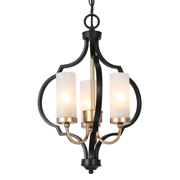 LNC Ellan 3-Light Black and Gold Frosted GlassTransitional Cage Chandelier