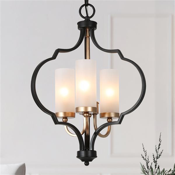 LNC Ellan 3-Light Black and Gold Frosted GlassTransitional Cage Chandelier