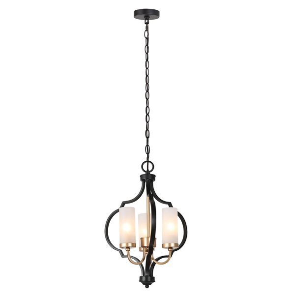 LNC Ellan 3-Light Black and Gold Frosted GlassTransitional Cage Chandelier