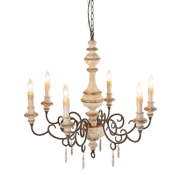 LNC Andromeda 6-Light Distressed Grayish White Wood French Country Chandelier