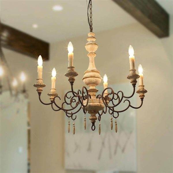 LNC Andromeda 6-Light Distressed Grayish White Wood French Country Chandelier