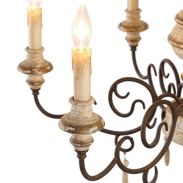 LNC Andromeda 6-Light Distressed Grayish White Wood French Country Chandelier