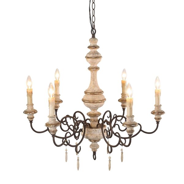 LNC Andromeda 6-Light Distressed Grayish White Wood French Country Chandelier