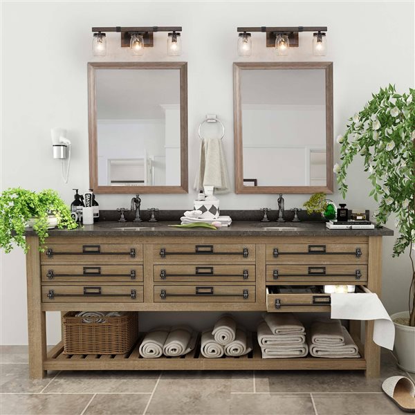 LNC Orthodox 3-Light Brown Wood Grain and Mason Jar Farmhouse Vanity Light