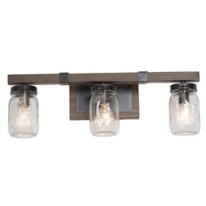 LNC Orthodox 3-Light Brown Wood Grain and Mason Jar Farmhouse Vanity Light