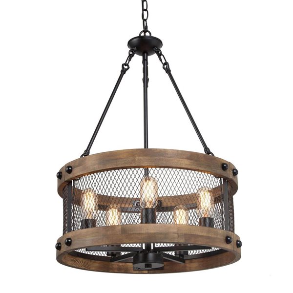 LNC Laius 5-Light Matte Black and Wood Brown Farmhouse Cage Chandelier