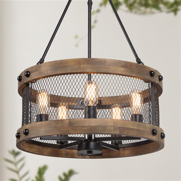 LNC Laius 5-Light Matte Black and Wood Brown Farmhouse Cage Chandelier