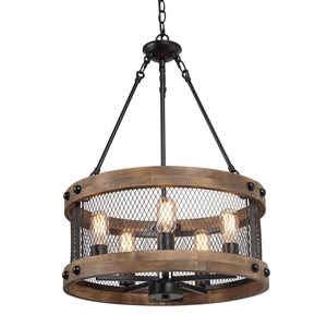 LNC Laius 5-Light Matte Black and Wood Brown Farmhouse Cage Chandelier