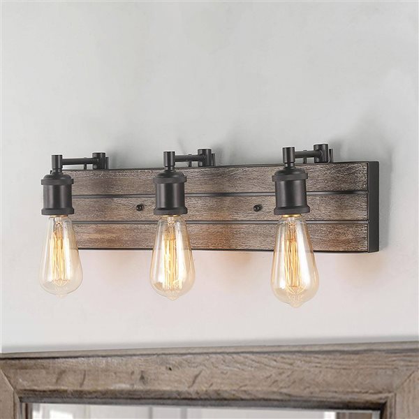 LNC Sabrina 3-Light Distressed Brown Wood and Matte Farmhouse Vanity Light