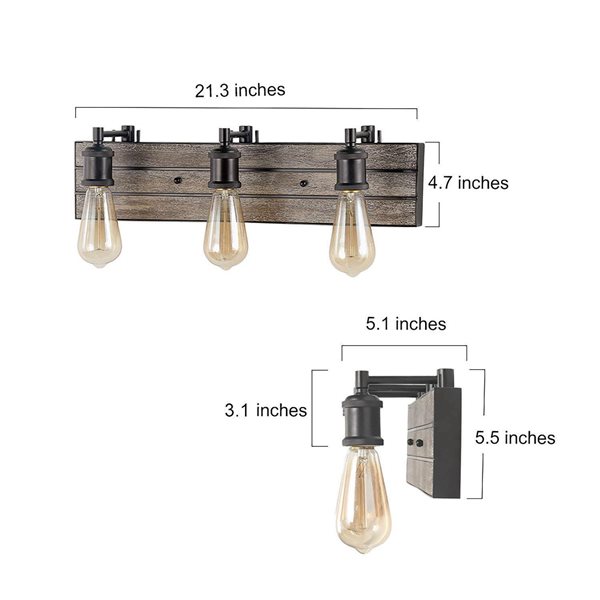 LNC Sabrina 3-Light Distressed Brown Wood and Matte Farmhouse Vanity Light