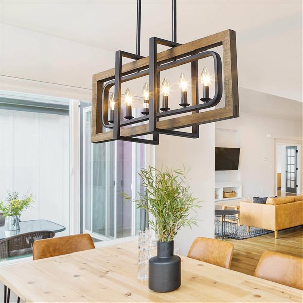 LNC Laius 6-Light Black and Brown Wood Large Farmhouse Chandelier