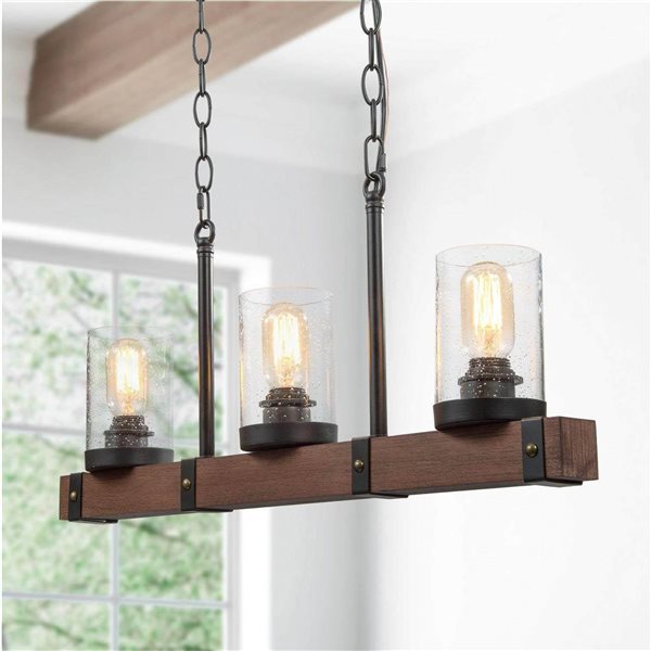 LNC Forest 3-Light 25.5-in Bronze Wood Black Farmhouse Kitchen Island Pendant Light