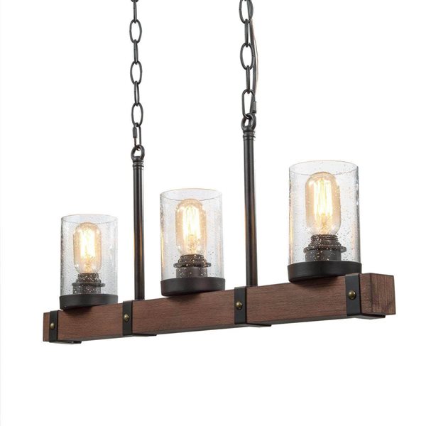 LNC Forest 3-Light 25.5-in Bronze Wood Black Farmhouse Kitchen Island Pendant Light