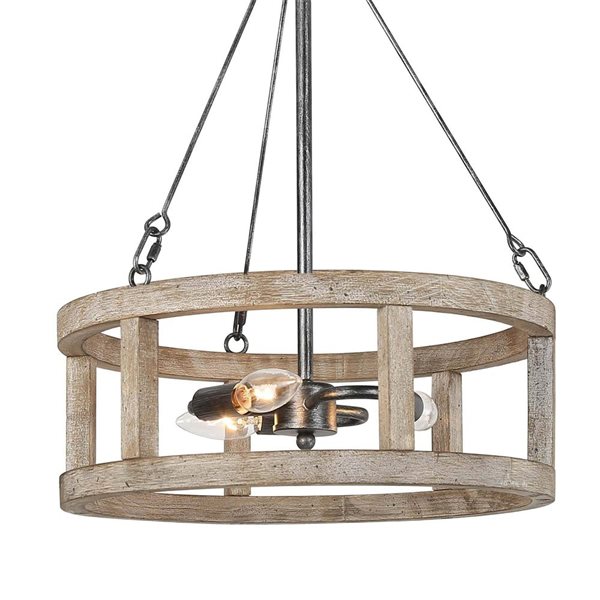 LNC Quaint 3-Light Distressed Off-White Wood and Black Drum Farmhouse Chandelier