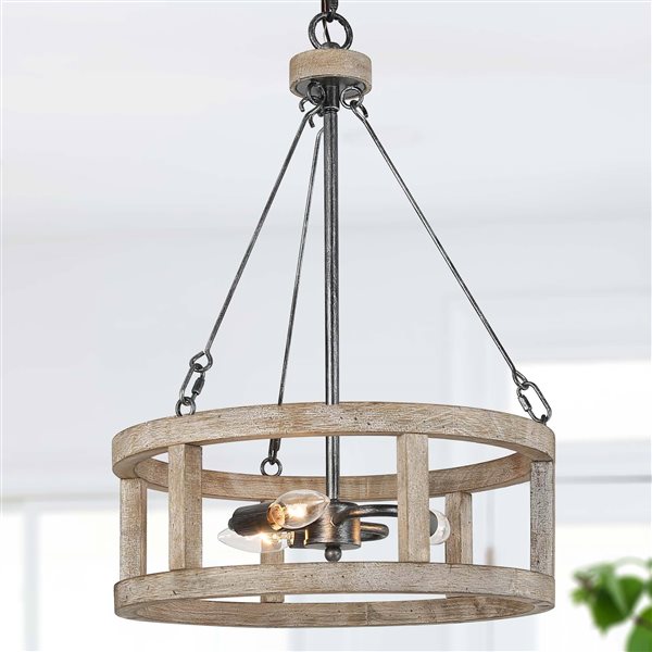 LNC Quaint 3-Light Distressed Off-White Wood and Black Drum Farmhouse Chandelier