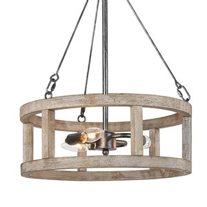 LNC Quaint 3-Light Distressed Off-White Wood and Black Drum Farmhouse Chandelier