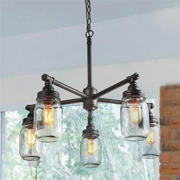 LNC Aries 5-Light Brushed Black Silver Mason Jar Traditional Chandelier