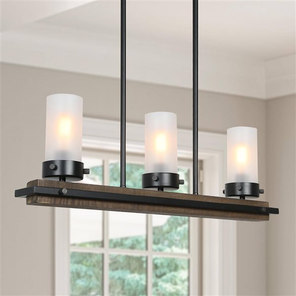 LNC Laius 3-Light Matte Black and Natural Wood Farmhouse Kitchen Island Light