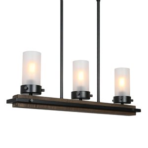 LNC Laius 3-Light Matte Black and Natural Wood Farmhouse Kitchen Island Light