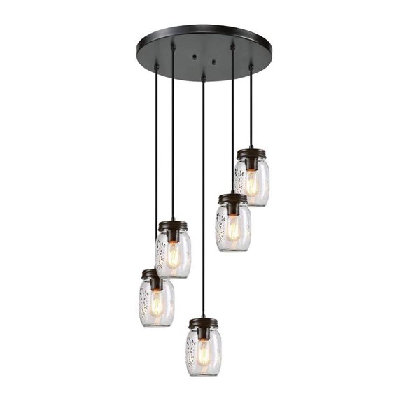 LNC Aries 5-Light Black and Glass Shade Farmhouse Pendant