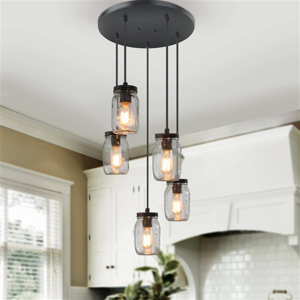 LNC Aries 5-Light Black and Glass Shade Farmhouse Pendant