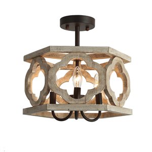 LNC Mocha 3-Light 12-in Wood Brown and Black Farmhouse Semi-Flush Mount Light