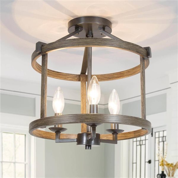 LNC Quaint 3-Light 14-in Wood Brown and Bronze Round Semi-Flush Mount Light