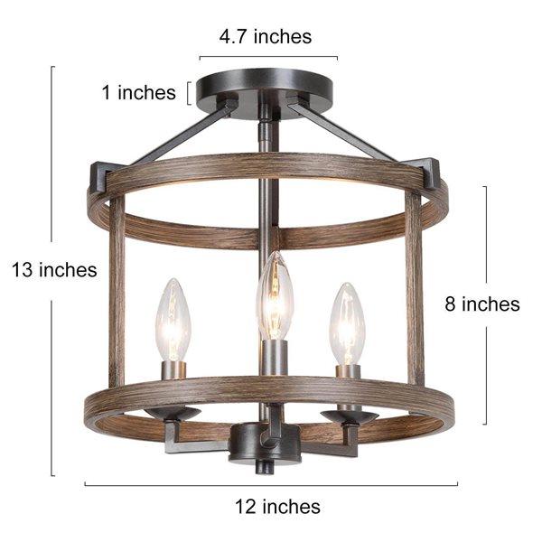 LNC Quaint 3-Light 14-in Wood Brown and Bronze Round Semi-Flush Mount Light