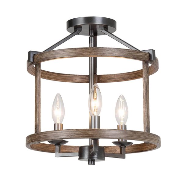 LNC Quaint 3-Light 14-in Wood Brown and Bronze Round Semi-Flush Mount Light