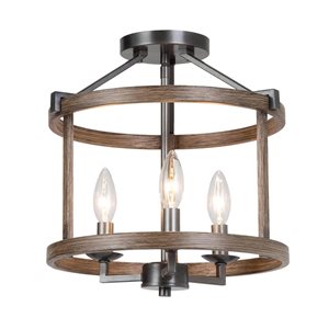 LNC Quaint 3-Light 14-in Wood Brown and Bronze Round Semi-Flush Mount Light