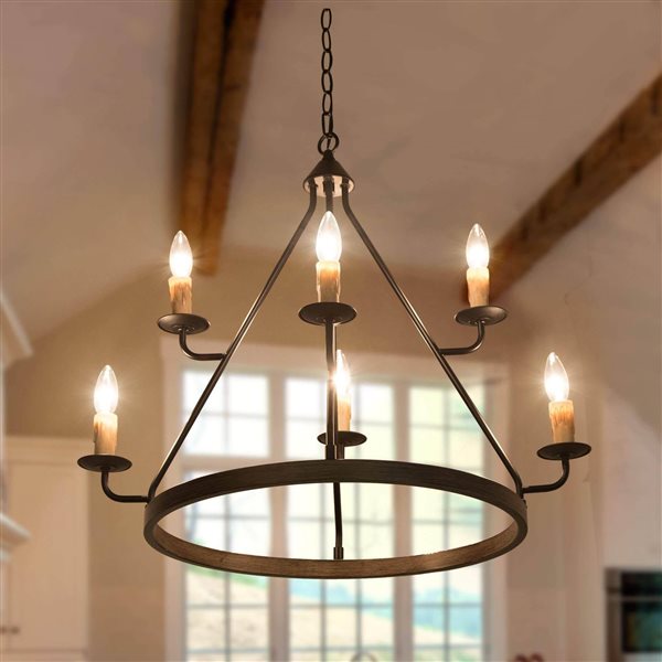 LNC Miller 6-Light Brown and Matte Black Candle Wagon Wheel Transitional Chandelier