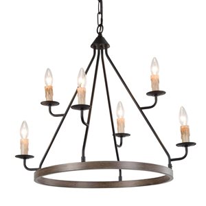 LNC Miller 6-Light Brown and Matte Black Candle Wagon Wheel Transitional Chandelier