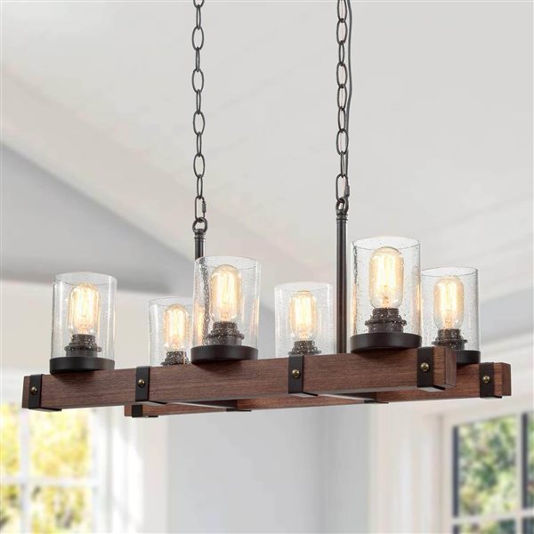 LNC Forest 6-Light Distressed Wood and Matte Black Farmhouse Pendant Light