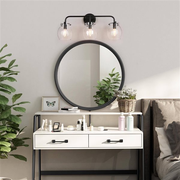 LNC Maison 3-Light Black and Clear Globe Glass Trasitianl Vanity Light Bar