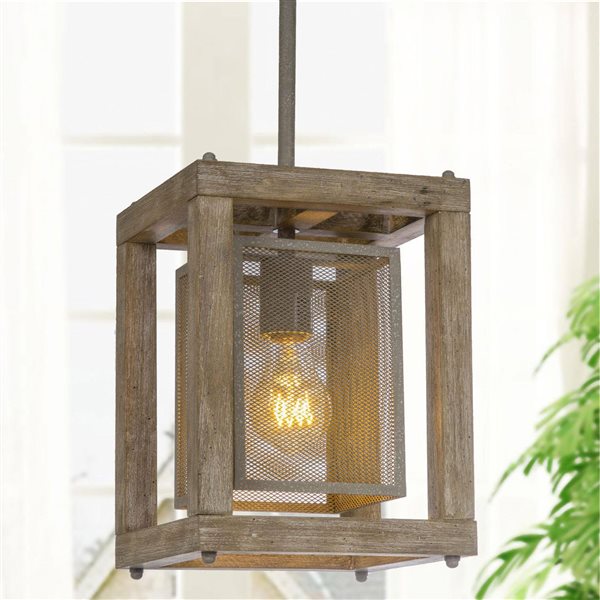 LNC Holmes Distressed Gray and Wood Farmhouse Square LED Mini Pendant Light