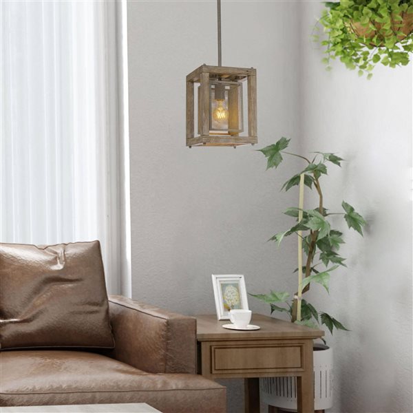 LNC Holmes Distressed Gray and Wood Farmhouse Square LED Mini Pendant Light