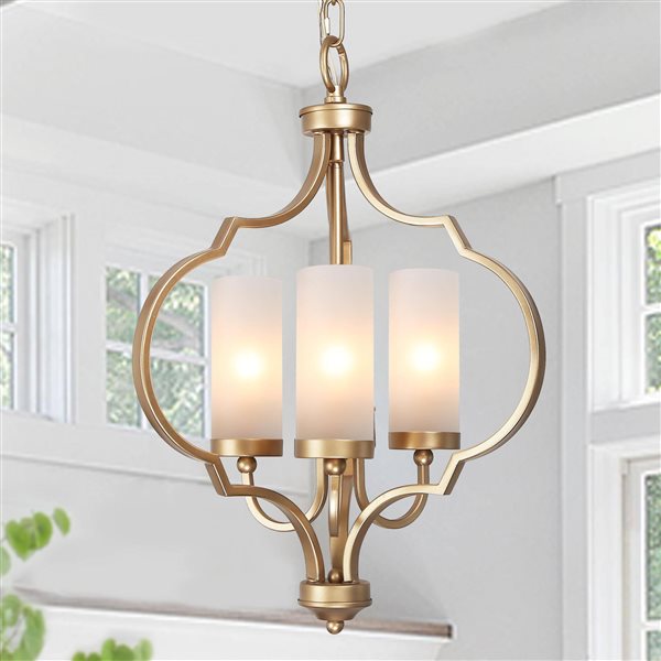 LNC Ellan 3-Light Gold and Frosted White Modern Cage LED Chandelier