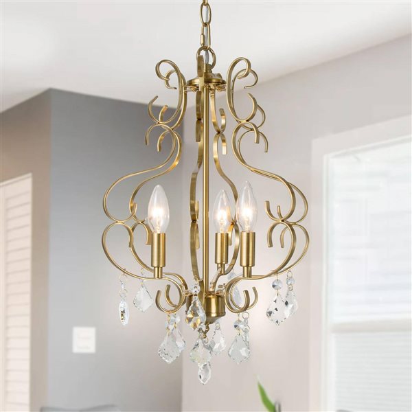 LNC Unique 3-Light Polished Gold Glam Crystal LED Chandelier