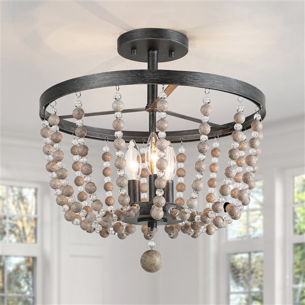 LNC Mocha 3-Light 16-in Brushed Silver Bohemian/Globe Beaded Semi-flush Mount Light