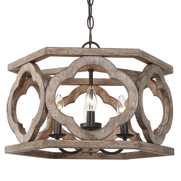 LNC Quaint 4-Light Distressed Brown Wood and Bronze Drum Modern Farmhouse Chandelier