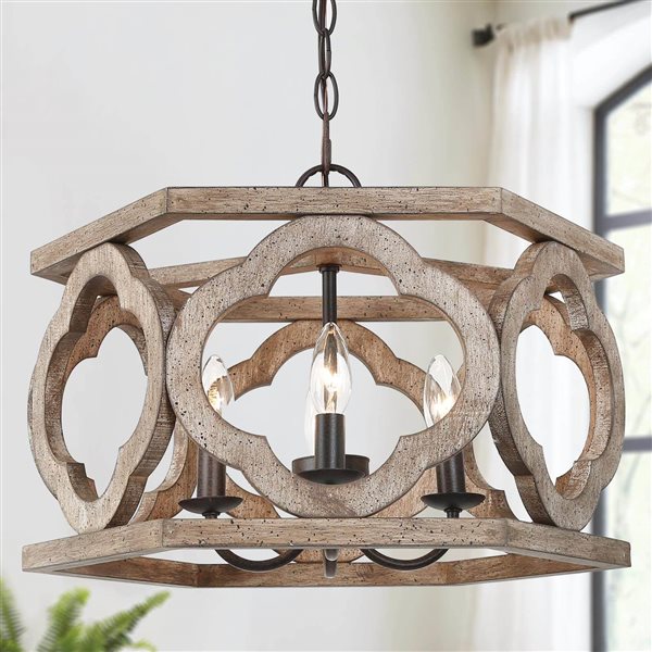 LNC Quaint 4-Light Distressed Brown Wood and Bronze Drum Modern Farmhouse Chandelier