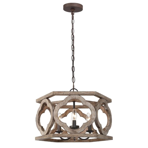 LNC Quaint 4-Light Distressed Brown Wood and Bronze Drum Modern Farmhouse Chandelier