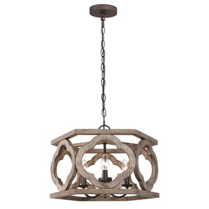 LNC Quaint 4-Light Distressed Brown Wood and Bronze Drum Modern Farmhouse Chandelier