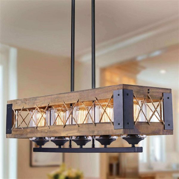 LNC Laius 5-Light Matte Black and Brown Wood Farmhouse Cage LED Chandelier